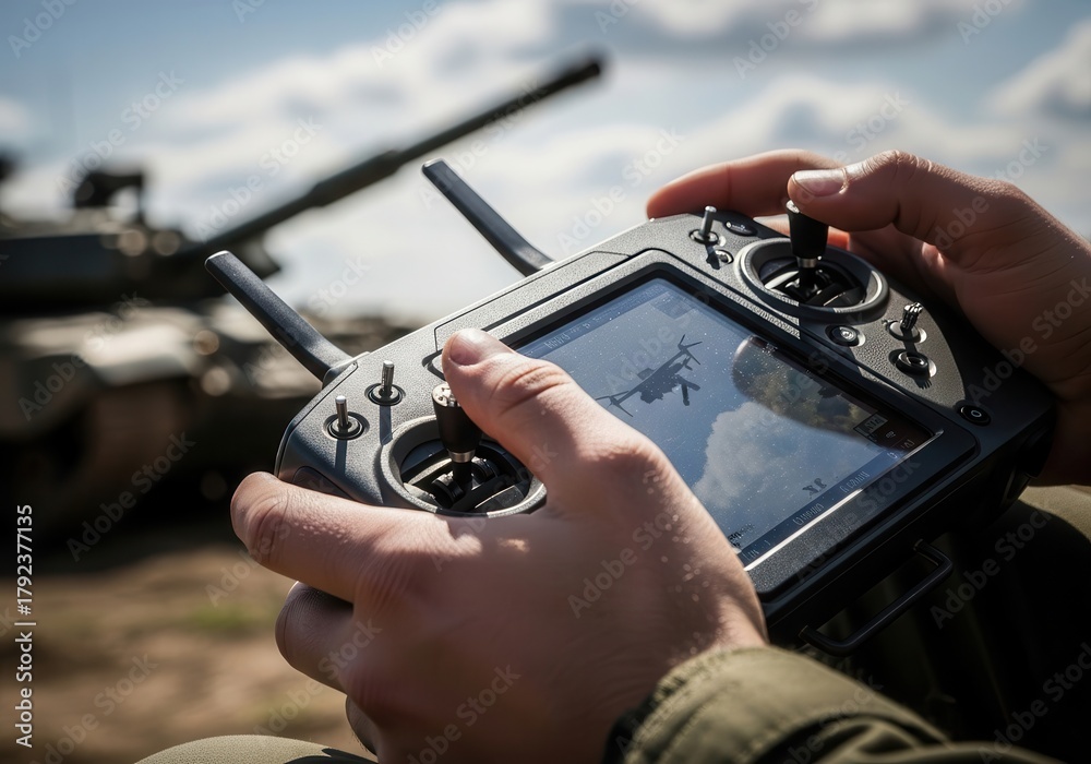 Obraz premium A soldier controls a drone using a remote control with a screen against the background of a tank
