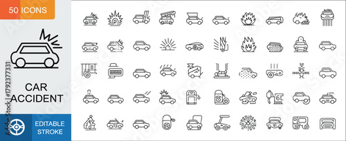Car accident line icons set, editable stroke, crash, collision, breakdown, insurance, warning, damage, emergency, safety, vehicle incident collection
