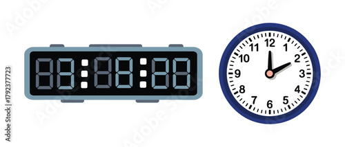 Analog and Digital Clock Illustration – Time Display, Alarm, and Schedule Concept