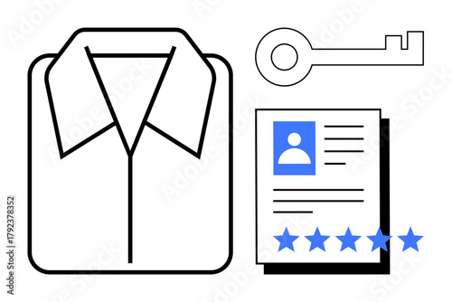 Outline of a shirt, security key, profile document with star rating. Ideal for employee evaluation, access control, HR systems, career development, identity verification, professional reputation