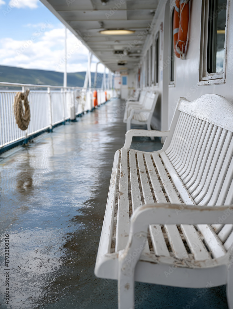 Fototapeta premium Empty ferry deck with benches overlooking the ocean