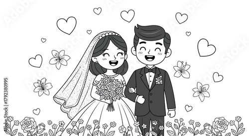 Adorable Cartoon Bride and Groom on Their Wedding Day Line Art.