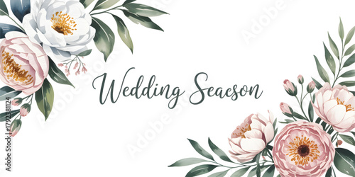 White wedding watercolor palette season color flowers with green blush