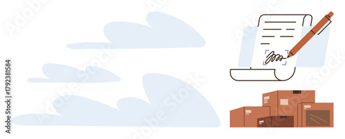 Pen signing a document beside stacked shipping boxes. Ideal for logistics, contract management, delivery services, agreements, paperwork, shipping processes, cloud storage metaphor. Simple flat