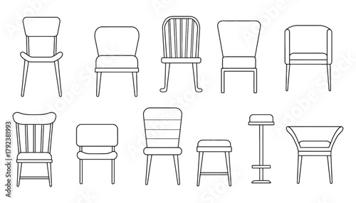 Various chair designs line art collection furniture design set
