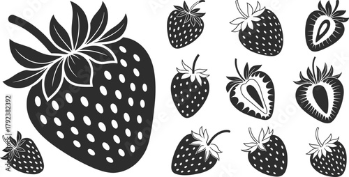 Strawberry fruit illustration, fresh berry vector design, black and white drawing, healthy food artwork, summer fruit symbol, organic nature art