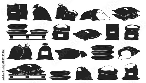 Black and white vector illustration of various sacks and bags