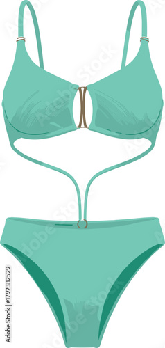 Stylish green monokini swimsuit design, one-piece cutout swimwear illustration, trendy beach fashion, summer clothing concept for women swimwear collection