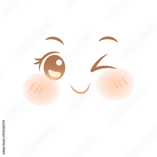Playful anime face with wink, big smile and rosy cheeks