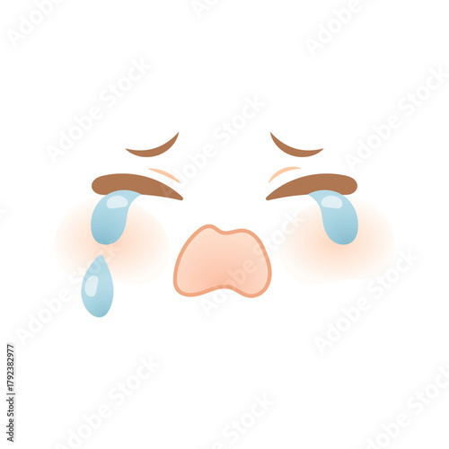Crying anime face with teardrops, frown and wide open sad mouth