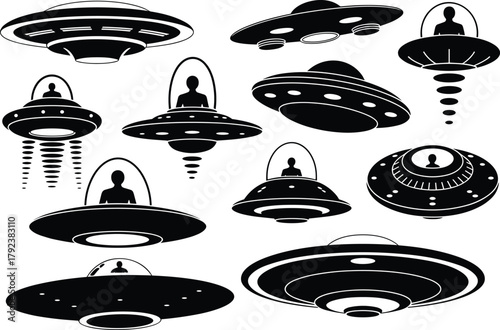 UFO spaceship silhouettes set, alien spacecraft collection, futuristic flying saucers illustration, extraterrestrial vehicle design, sci-fi concept art, space exploration theme