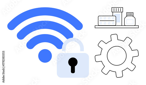 wireless signal, lock symbol, medical tools, and gear outline highlighting technology, cybersecurity, healthcare, innovation, data security and connectivity. Ideal for digital safety secure