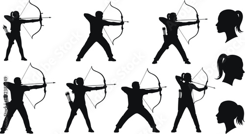 Archer silhouette vector, bow and arrow, female profiles, dynamic pose, black illustration, quiver, aiming stance, sport motion, hairstyle design, character concept