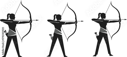 Archery silhouette vector, bow and arrow, shooting stance, quiver, athlete motion, black illustration, sport technique, dynamic pose, precision, training, focus