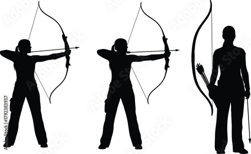 Archery silhouette vector, bow and arrow, shooting stance, male and female archer, quiver, black illustration, sport motion, posture, precision, training, focus