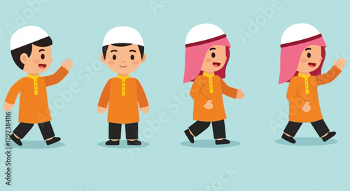 Children in traditional Islamic clothing walking and waving.