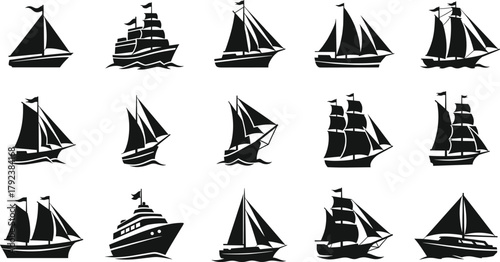 Boat and ship silhouette vector, sailboats, yachts, maritime vessels, black illustration, nautical design, sea transport, fleet icon, ocean craft, marine graphic