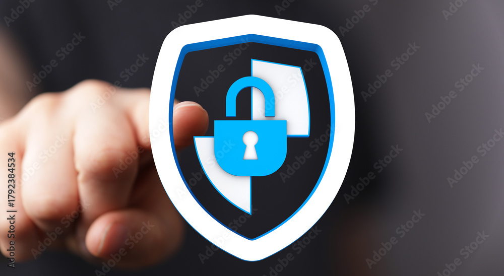 Obraz premium Concept of cybersecurity data protection with a shield, lock and finger pointing. Illustrates security, privacy, and online safety. P