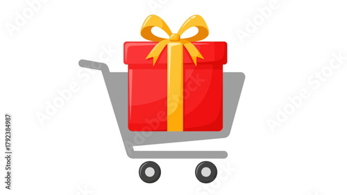 A red gift box with a yellow ribbon sits in a shopping cart