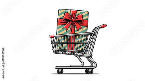A shopping cart filled with a giftwrapped box