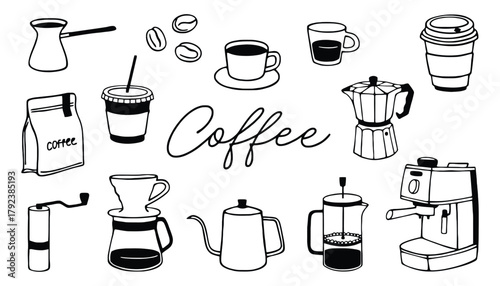 Coffee vector set with coffee beans and coffee making tools
