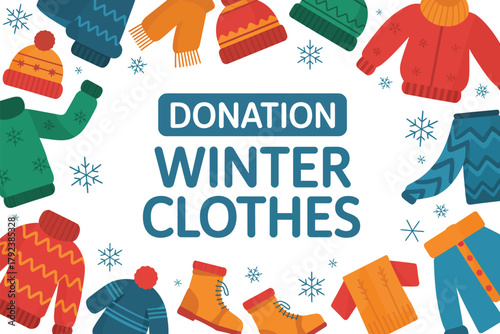 An arrangement of winter clothing items surrounds the text 'DONATION WINTER CLOTHES', creating a visual representation of charitable giving for cold weather.