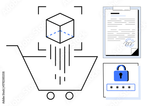Shopping cart holding a 3D product model, password lock, and signed document representing e-commerce, cybersecurity, digital signatures, technology, online protection, authentication, simple flat