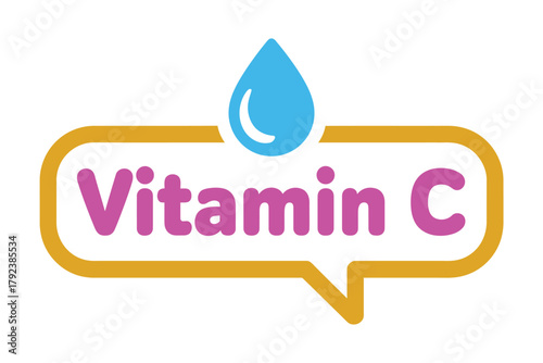 A graphic illustration displays the text "Vitamin C" inside a speech bubble with a water droplet icon above it, symbolizing hydration and health.
