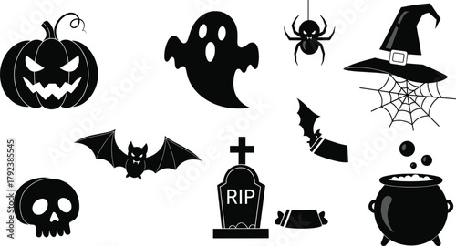 Halloween silhouette icons, spooky pumpkin, ghost, spider, bat, skull, cauldron, RIP gravestone, witch hat, candy, severed hand, scary symbols