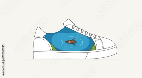 Sneaker Design Featuring Water Scene, Graphic Illustration, Playful Environment, Unique Concept