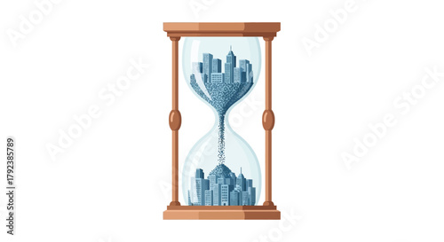 Urban Landscape in Hourglass Illustration, Reflection on Future, Conceptual Art, Digital Design