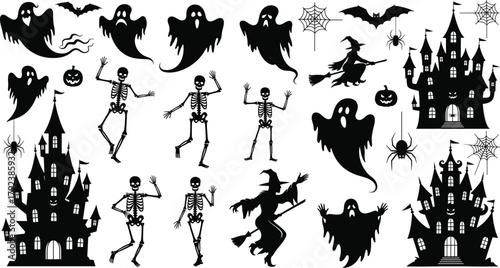 Halloween silhouette vector, ghosts, skeletons, witches, haunted houses, bats, spider webs, jack-o'-lanterns, spooky design, black illustration, horror theme, festive icons