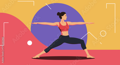 Vibrant illustration of a woman finding balance and strength in a warrior yoga pose, promoting wellness, mindfulness, and a healthy lifestyle through active practice