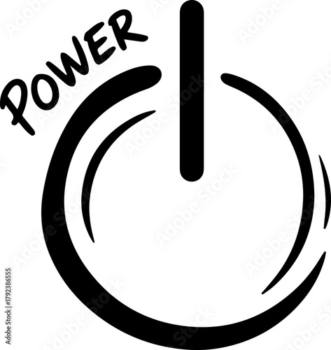 Hand-drawn power button icon with 'power' text, energy concept