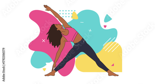 Yoga posture illustration with woman, abstract shapes, healthy lifestyle and stretching exercise concept
