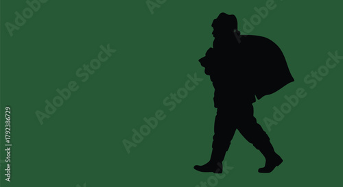 Silhouette of Santa Claus carrying sack on green background