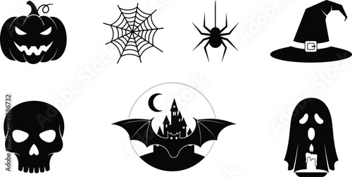 Halloween vector silhouettes, spooky pumpkin, haunted castle, ghost with candle, spider web, witch hat, skull, bat, creepy icons, festive design