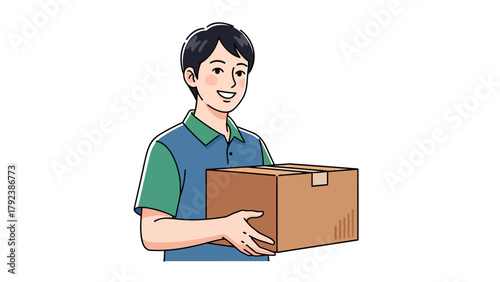 A smiling man in a blue and green shirt holds a cardboard box