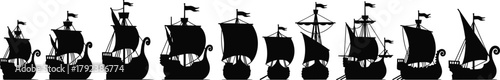 Historic sailing ship silhouettes, vintage vessels, maritime icons, tall ships, sea travel, rigging, sails, flags, naval fleet, nautical vector illustration