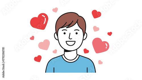 A smiling person with brown hair wears a blue shirt surrounded by red and pink hearts
