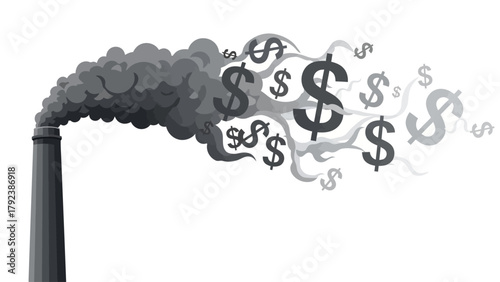 A smokestack emits dark smoke with dollar signs interwoven