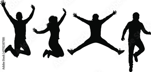 Jumping silhouette vector, dynamic poses, leaping, running, expressive motion, athletic action, black illustration, human movement, energy, agility, sport design