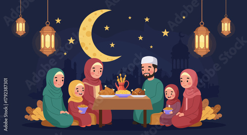 Ramadan family gathering during iftar with moon and lanterns, an illustration