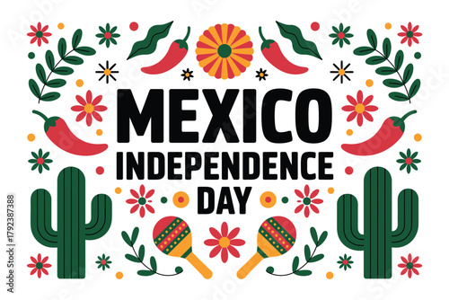 A vibrant illustration celebrates Mexico Independence Day with iconic symbols like cacti, chili peppers, maracas, and floral motifs surrounding the text.