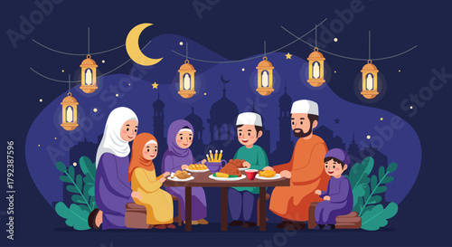 A Muslim Family Enjoying a Festive Meal Together Under Lanterns During Ramadan