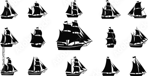 Sailing ship silhouette vector, vintage vessels, maritime transport, black illustration, nautical design, sea travel, historic sailboats, fleet icon, ocean craft, marine graphic