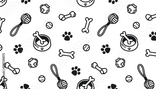 Seamless dog pattern background with bone paw and toy illustration