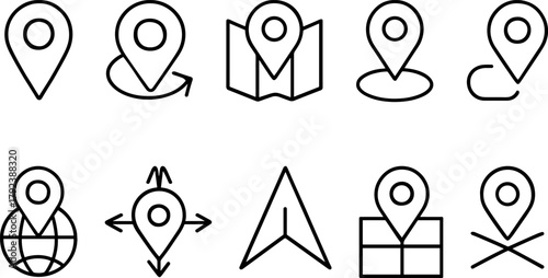 Location and navigation icons set. Map pin, route, destination, global positioning. Outline vector illustrations