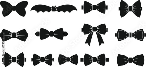 Set of elegant black bow tie silhouettes, fashion accessories, formal wear icons, vector collection for tuxedo, suit, wedding, and design decoration