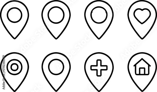 Location and navigation icons set. Map pin, route, destination, global positioning. Outline vector illustrations